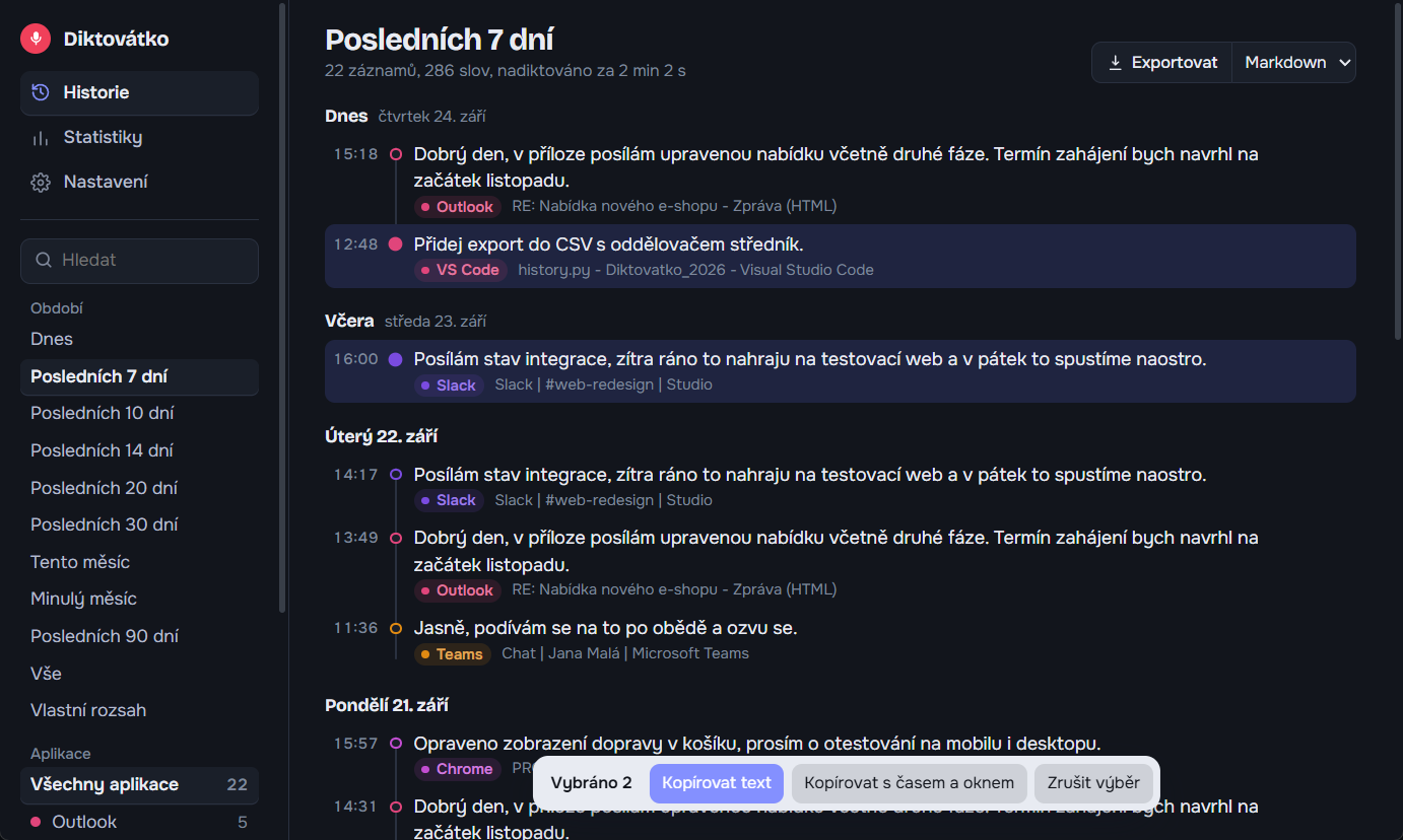 Okno historie v tmavém režimu